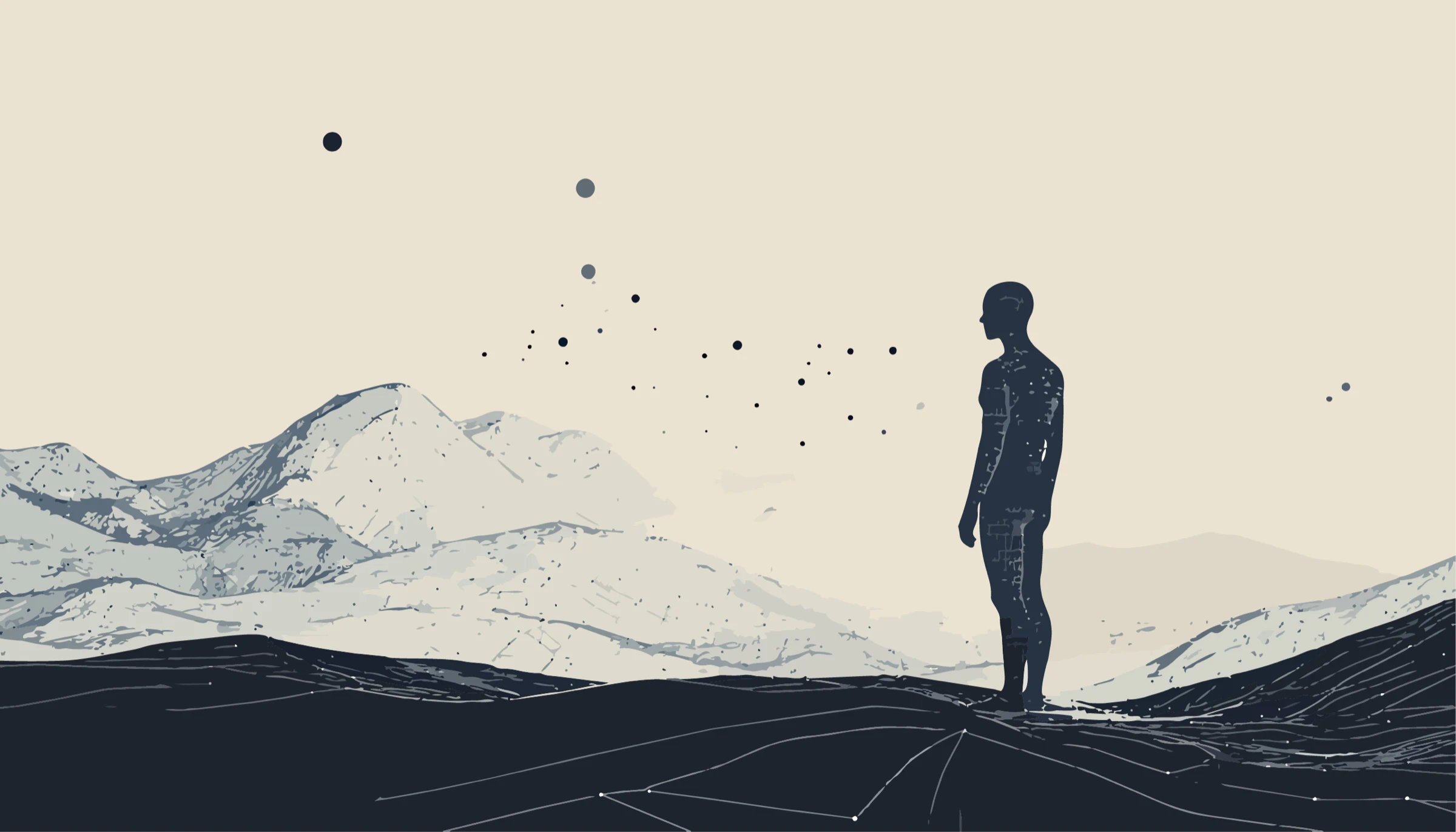 Illustration of a figure standing amid a network looking up at rising particles representing the development of sensory resolution and proprioceptive awareness