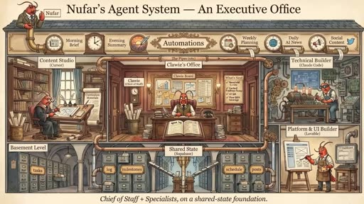 Nufar's Agent System — An Executive Office: Chloe's Office (Chief of Staff / Open Claw), Content Studio (Cursor), Technical Builder (Claude Code), Platform & UI Builder (Lovable) — all sharing state via Shared State (Basement) hub; Automations across top