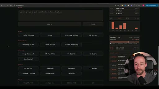AgenticOS dashboard — skill button layout: Vault Cleanup, Dream, Lightrag Upload, KB Status, Morning Brief, Inbox Triage, GitHub Trending; Research: Deep Research, YT Pipeline, YT Search, KB Query, NotebookLM; Content: YT Titles, Ideation, Outline, YT Hooks, Content Cascade, Short-form, Carousel