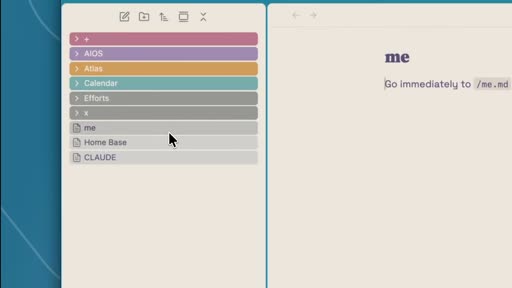 AIOS folder in Obsidian sidebar alongside me, Home Base, CLAUDE