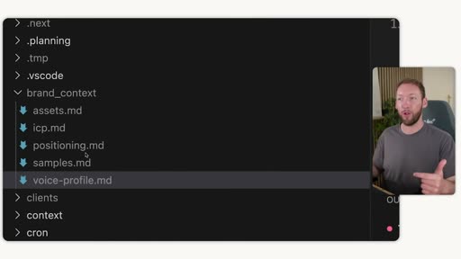 VS Code: brand_context/ folder — assets.md, icp.md, positioning.md, samples.md, voice-profile.md