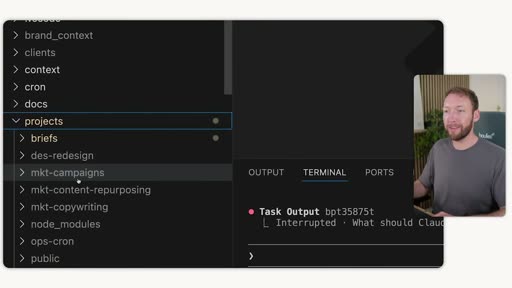 VS Code: projects/ folder organized by skill type — briefs/, des-redesign/, mkt-campaigns/, mkt-content-repurposing/, mkt-copywriting/, ops-cron/