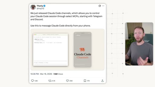 Claude Code Channels — Anthropic tweet: "We just released Claude Code channels, which allows you to control your Claude Code session through select MCPs, starting with Telegram and Discord."