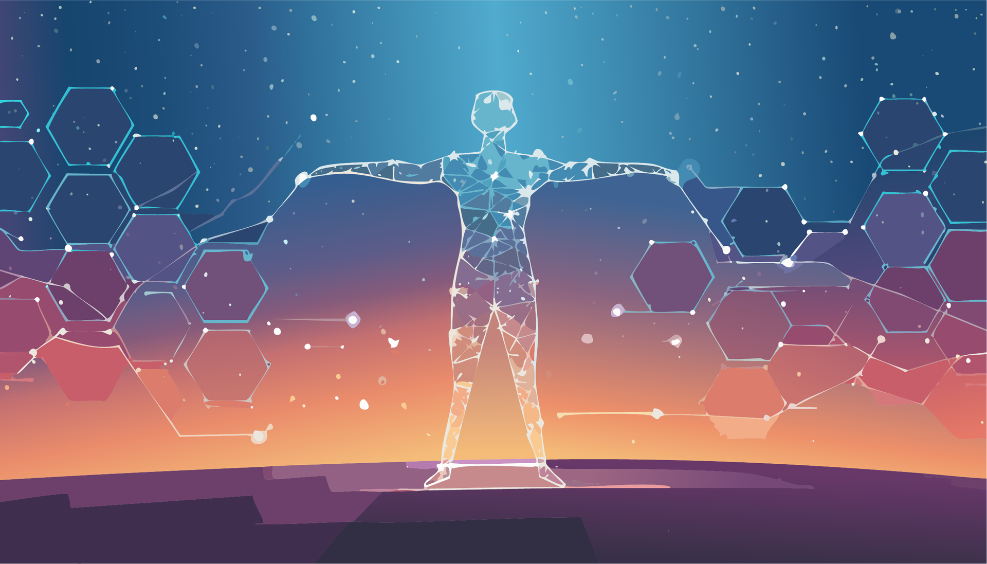 una persona animada en un entorno espacial futurista y etéreo con los brazos extendidos