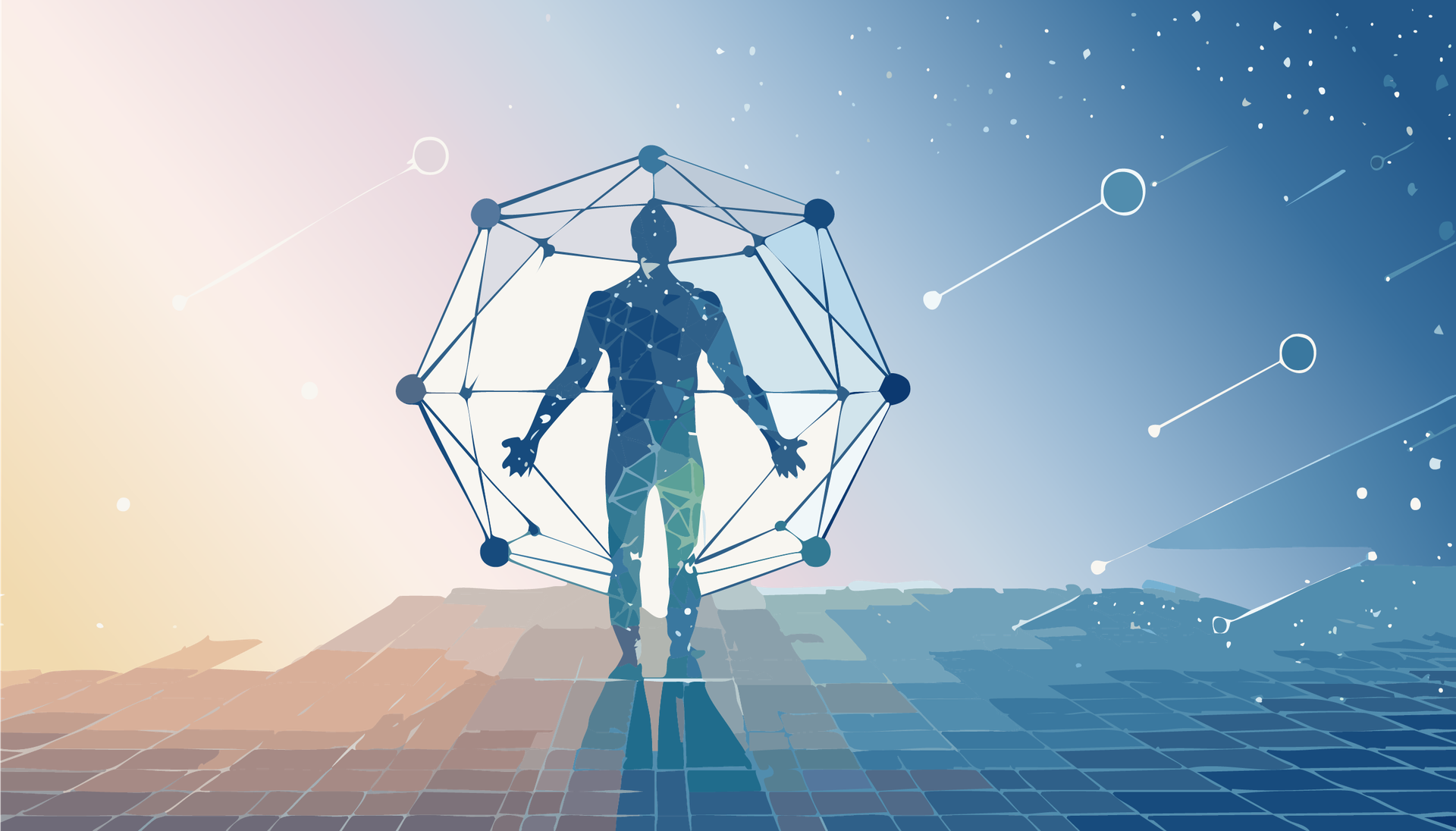 An animated person in a futuristic, ethereal space environment with outstretched arms