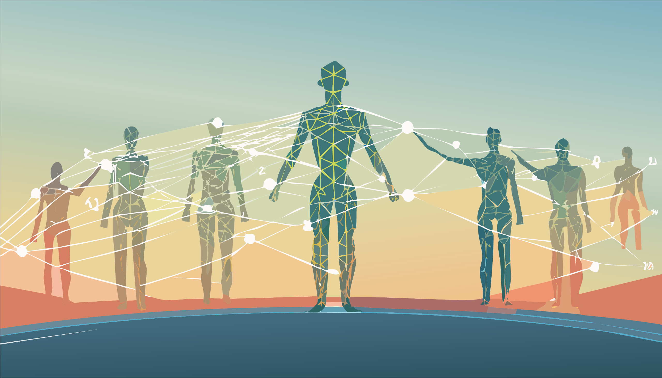 Silhouetted sci-fi woman with data lines over cityscape.